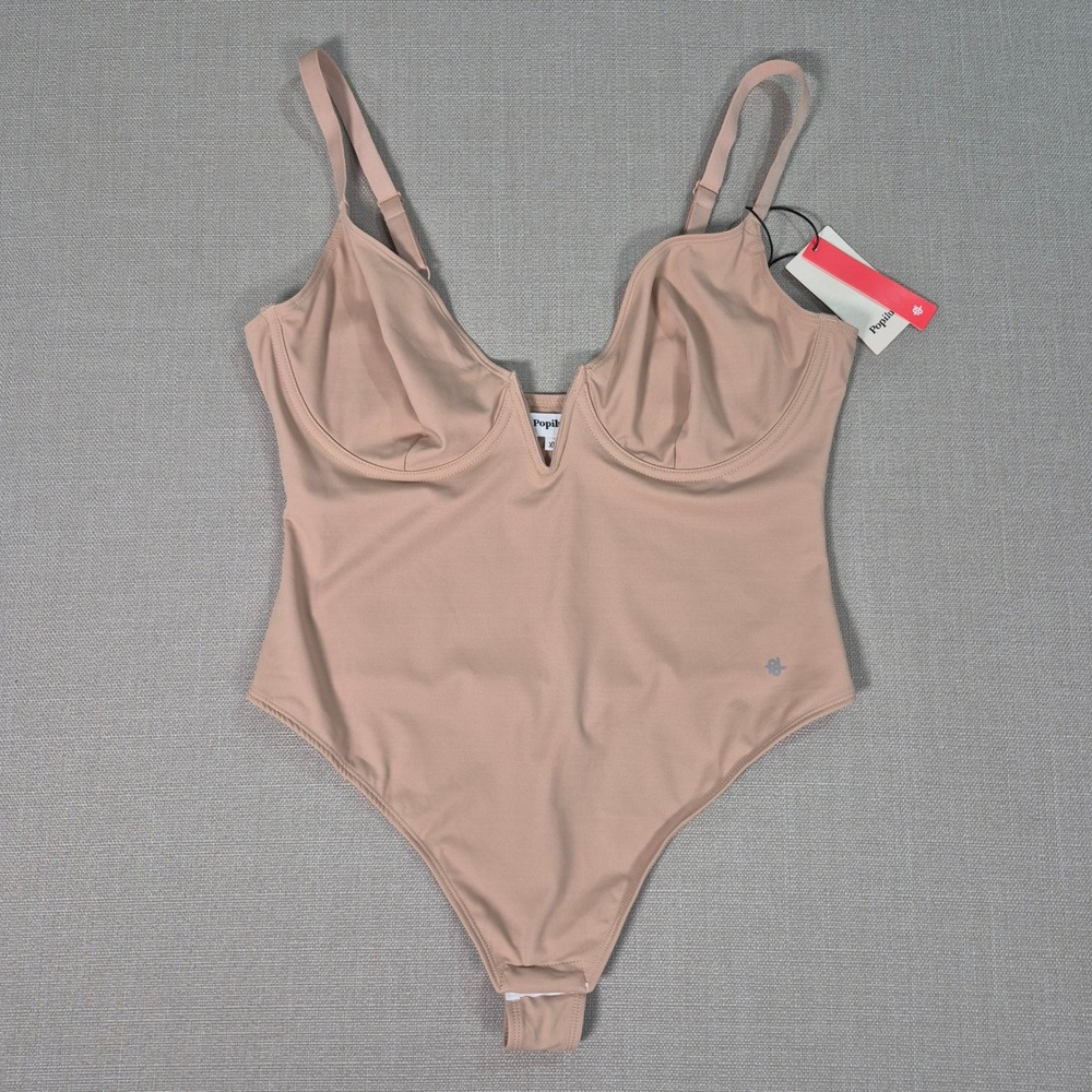 Popilush Tummy Control Bodysuit Shapewear Nude V-Neck Underwire Thong XL NWT